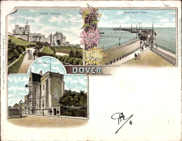 Litho Dover Kent England, Castle, Admiralty Pier, Town Hall