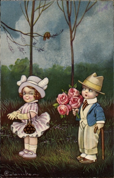 Artist Postcard Colombo, E., Children, Boy with Bouquet of Roses