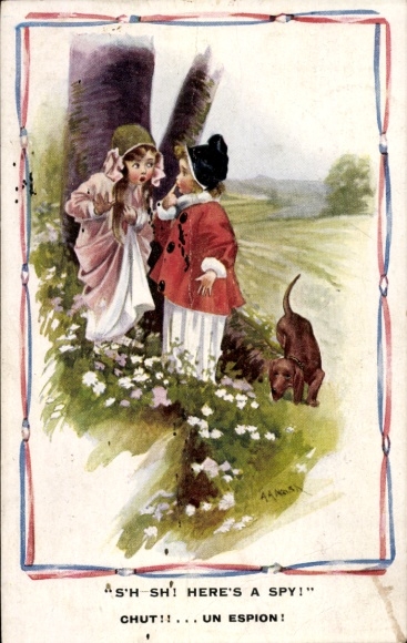 Artist Postcard Children, here is a spy, dachshund