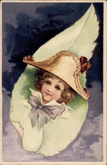 Glitter Chromo-Litho Blonde child with admiral's hat in a leaf, feather