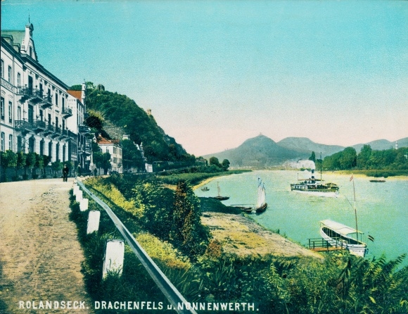 Chromo Foto Rolandseck Remagen am Rhein, Panorama mit Drachenfels, Nonnenwerth