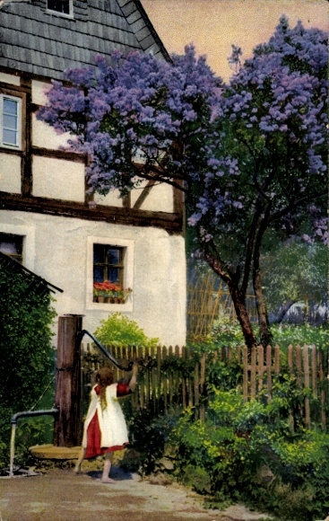 Postcard half-timbered house, water fountain