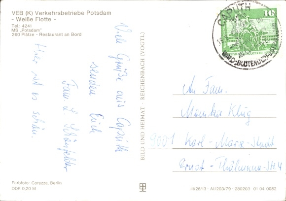 Postcard White Fleet, VEB Transport Company Potsdam, Salon Ship MS Potsdam