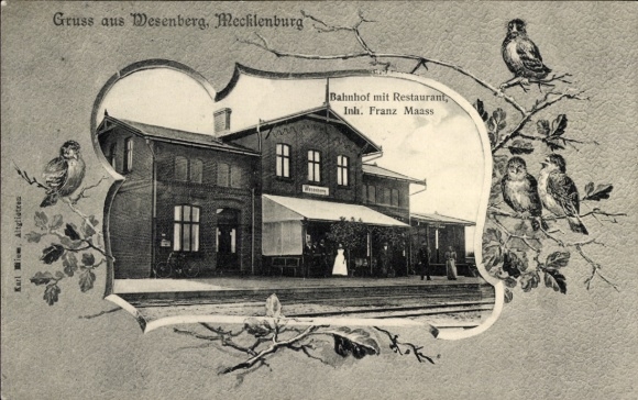 Passepartout Ak Wesenberg in Mecklenburg, Bahnhof, Gleisseite, Restaurant