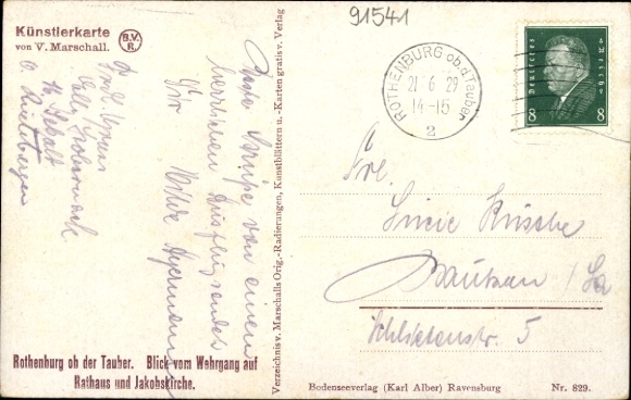 Artist Postcard Marschall, V., Rothenburg Middle Franconia, View from the battlement to the town hall and St. James' Church