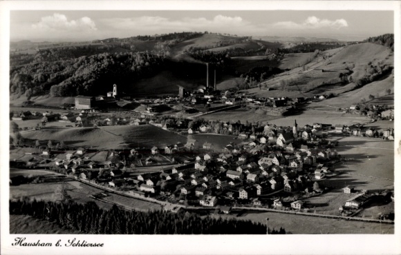 Postcard Hausham in Upper Bavaria, landscape photograph, single-family houses, hills, church, clouds