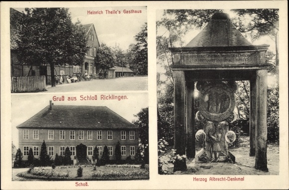 Ak Schloß Ricklingen Garbsen in Niedersachsen, Herzog Albrecht-Denkmal, Schloss, Gasthaus
