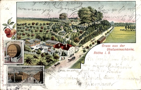 Ak Rötha in Sachsen, Obstweinschänke, Obstbaumgärten, Menschen im Freien, schöne Landschaft