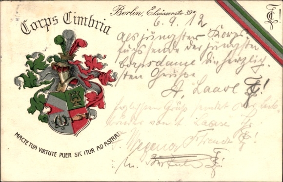 Studentika Postcard Berlin, Corps Cimbria, Elsässer Straße 39 II, coat of arms, RSC