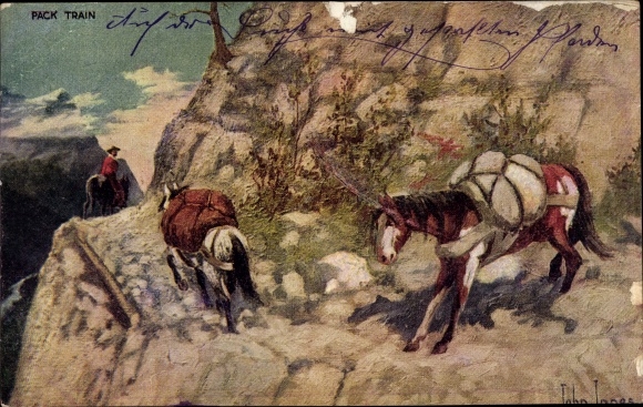 Artist PC Innes, John, Pack Train, pack horses in the mountains