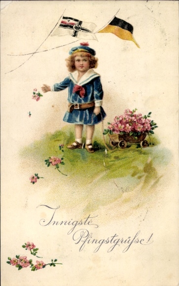 Embossed PC Congratulations Pentecost, Girl with Flowers, Imperial Flag, Austrian Flag, EAS