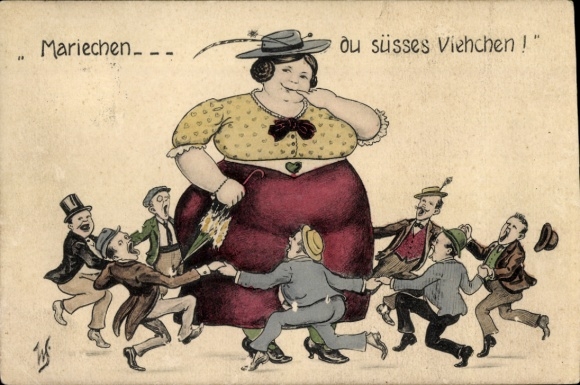 Artist Postcard Scheuermann, W., Mariechen, you sweet little creature, men dancing around fat woman
