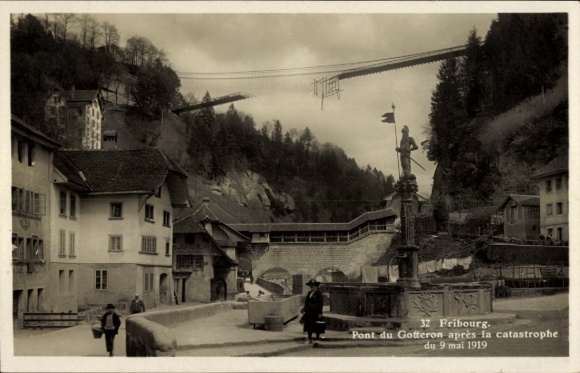 CPA Fribourg Ville de Fribourg Suisse, Pont du Gotteron po katastrofie z 9 maja 1919 r.