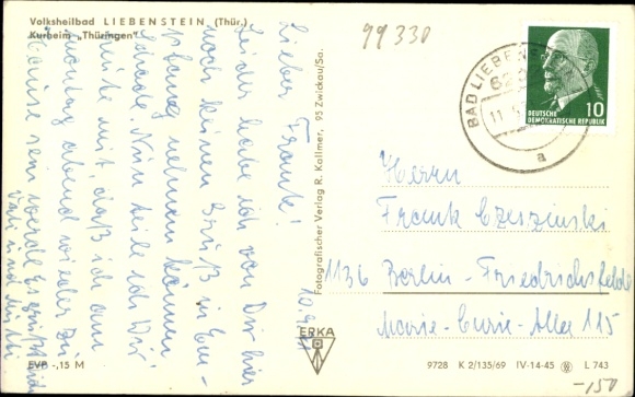 Postcard Bad Liebenstein in the Thuringian Forest, three-story building, surrounded by trees, r style