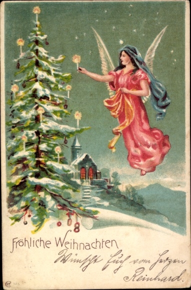 Embossed PC congratulations Christmas, Christmas tree, angel, church