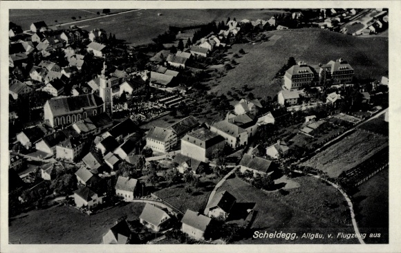 Postcard Scheidegg in Allgäu Swabia, aerial photograph