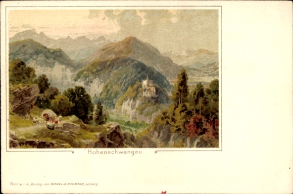 Kunstenaar litho Hohenschwangau Schwangau, kasteel, berglandschap, rotsen