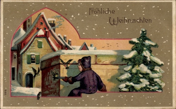 Picture Merry Christmas, child at the house, fir tree