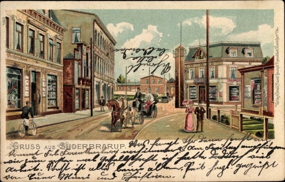 Litho Süderbrarup in Schleswig Holstein, Straßenpartie, Kutsche