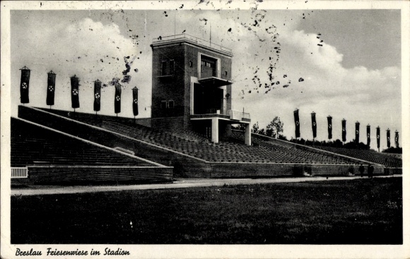 Postcard Wrocław Breslau Silesia, Friesenwiese in the stadium, NS festive decorations