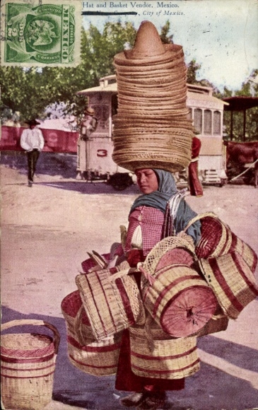 Postcard Mexico, Hat and Basket Vendor, hat and basket seller