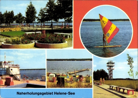Postcard Frankfurt an der Oder, Helene-See, promenade, windsurfing, watchtower, beach, promenade