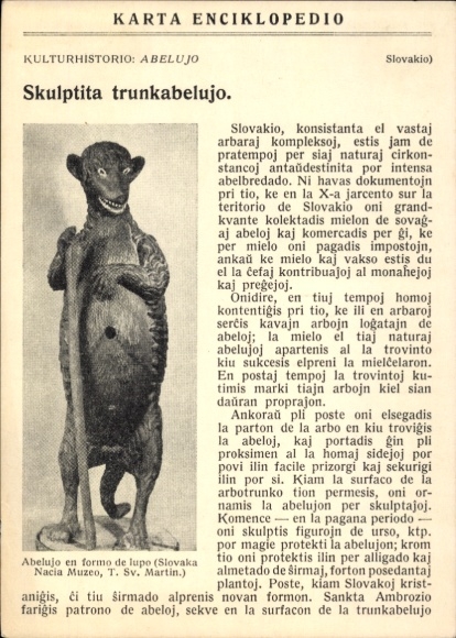 Postcard Esperanto, Karta Enciklopedio, Abelujo, Slovakio, Skulptita trunkabelujo