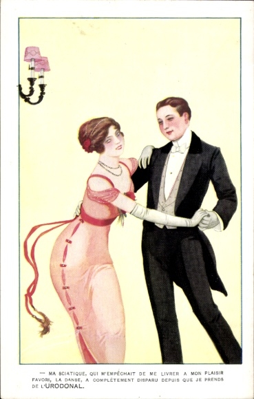 Postcard dancing couple, advertising, urodonal