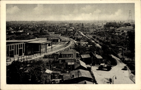 Ansichtkaart Hamburg Bergedorf Moorfleet, panorama, vrachtwagen, brug, spoorlijnen
