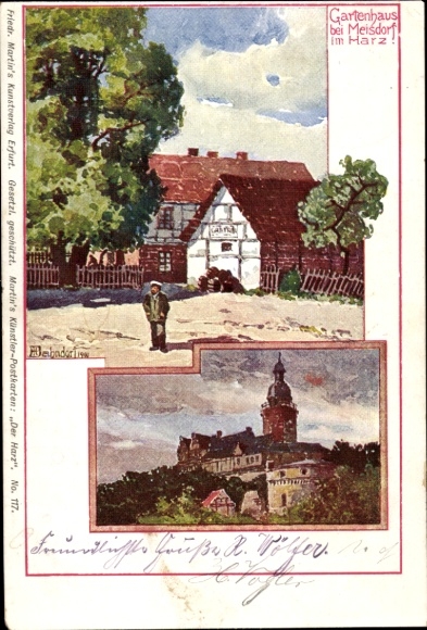 Kunstenaarskaart Bahndorf, Heribert, Meisdorf Falkenstein Harz, tuinhuis, kasteel Falkenstein