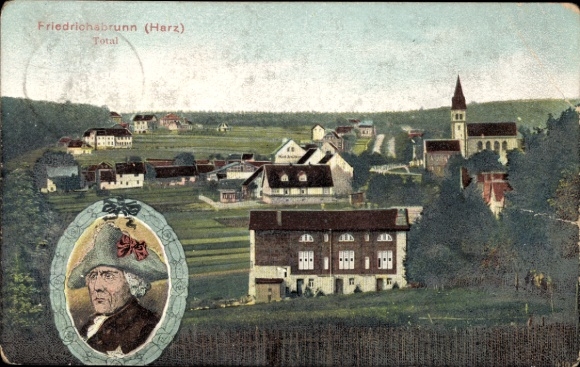 Ak Friedrichsbrunn Thale im Harz, Landschaftsansicht, Kirche, Wohnhäuser, r Mann