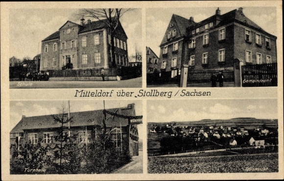 Postcard Mitteldorf Stollberg in the Erzgebirge, school, municipal office, gymnasium, general view