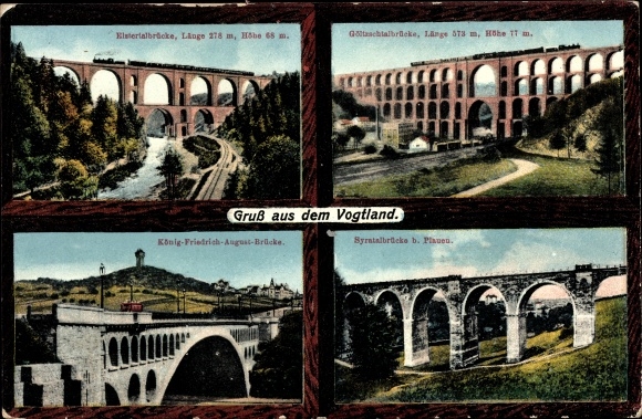 Postcard Plauen Vogtland, Elstertalbrücke, Syratalbrücke, König-Friedrich-August-Bridge, Gölzschtalbrücke