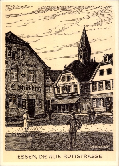Ak Essen im Ruhrgebiet,  alte Rottstraße,  Gebäude, Zeichnung