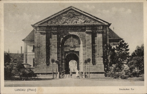 Postcard Landau in der Pfalz, German Gate, s building, entrance, sunny sky, trees