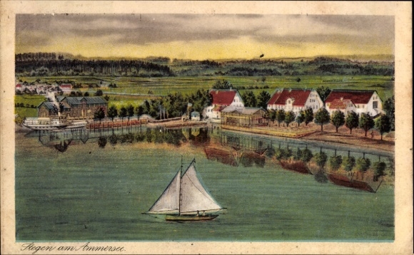 Postcard Herrsching am Ammersee, harbor view, sailboat, houses on the shore, Ammersee