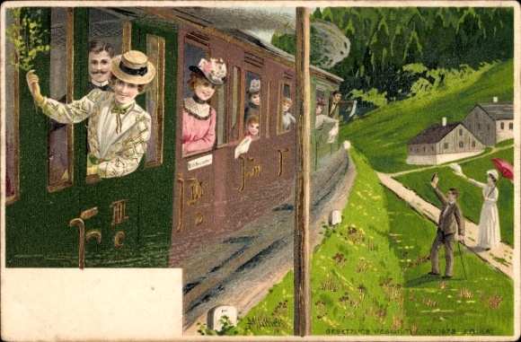 Künstler Litho Mailick, Menschen im Zug, Abschied, Winken