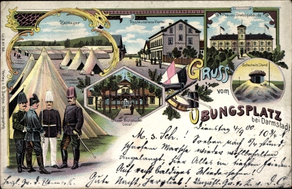 Chromo-Litho Darmstadt in Hesse, military training area, Prussia. Staff building, tent camp, restoration