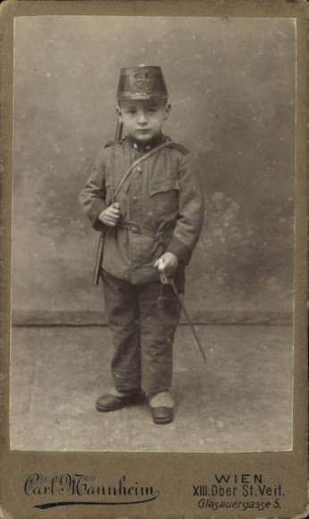 CdV child portrait, little boy in uniform, photographer Carl Mannheim, Vienna XIII Ober St. Veit