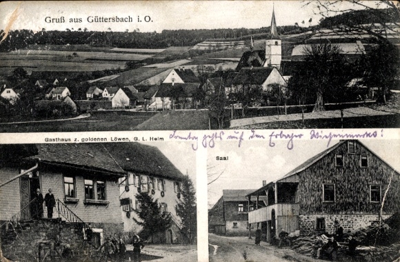 Postcard Güttersbach Mossautal in the Odenwald Hesse, general view, inn for. golden lions, hall