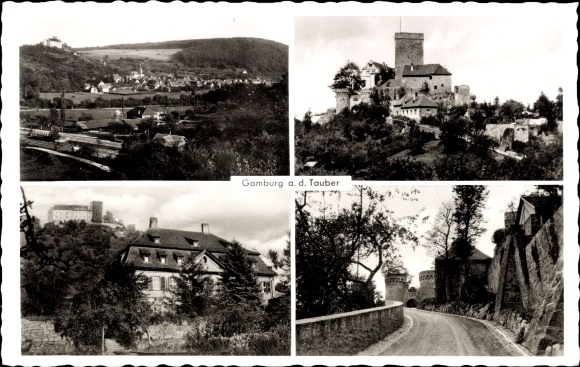 Postcard Gamburg Werbach an der Tauber, old castle, total view, access to the castle, view of the mountain
