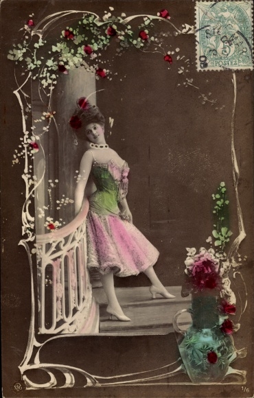 Passepartout Postcard lady in dress, portrait, NPG 1/6, flower vase, flowers