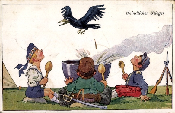 Postcard Enemy Airman, Cooking Pot, Crow, Excrement
