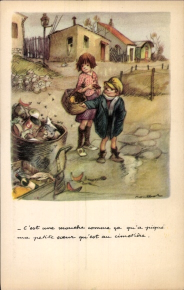 Artist Postcard Poulbot, Francisque, children, trash can, flies