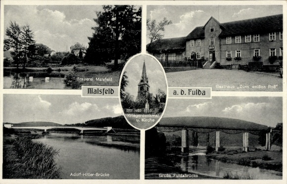 Postcard Malsfeld in Hesse, brewery, Adolf Hitler Bridge, inn Zum weissen Ross