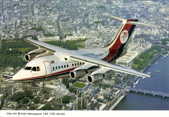 Postcard passenger aircraft Dan-Air, British Aerospace 146 100 Series