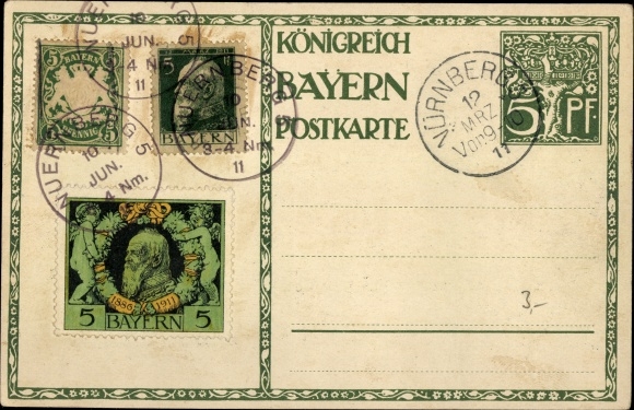 Postal stationery artist PC Diez, M., Prince Regent Luitpold of Bavaria 1911, 5 Pfennig