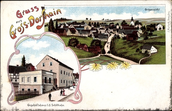 Litho Großdorfhain Dorfhain in Sachsen, Geschäftshaus, Totalansicht
