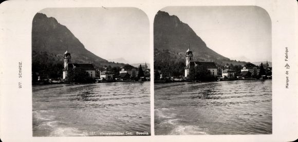 Stereo Photo Buochs Kt Nidwalden Szwajcaria, Jezioro Czterech Kantonów, widok na miasto