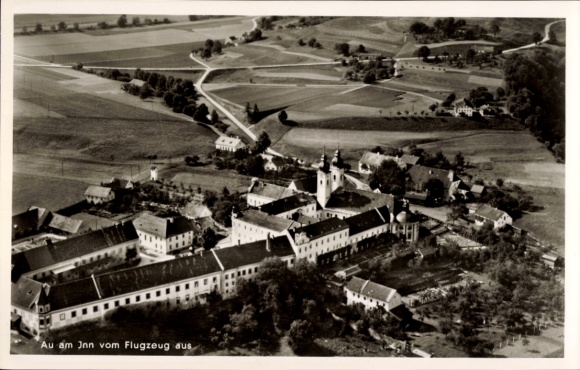 Postcard Au am Rhein, aerial view of rural area, buildings